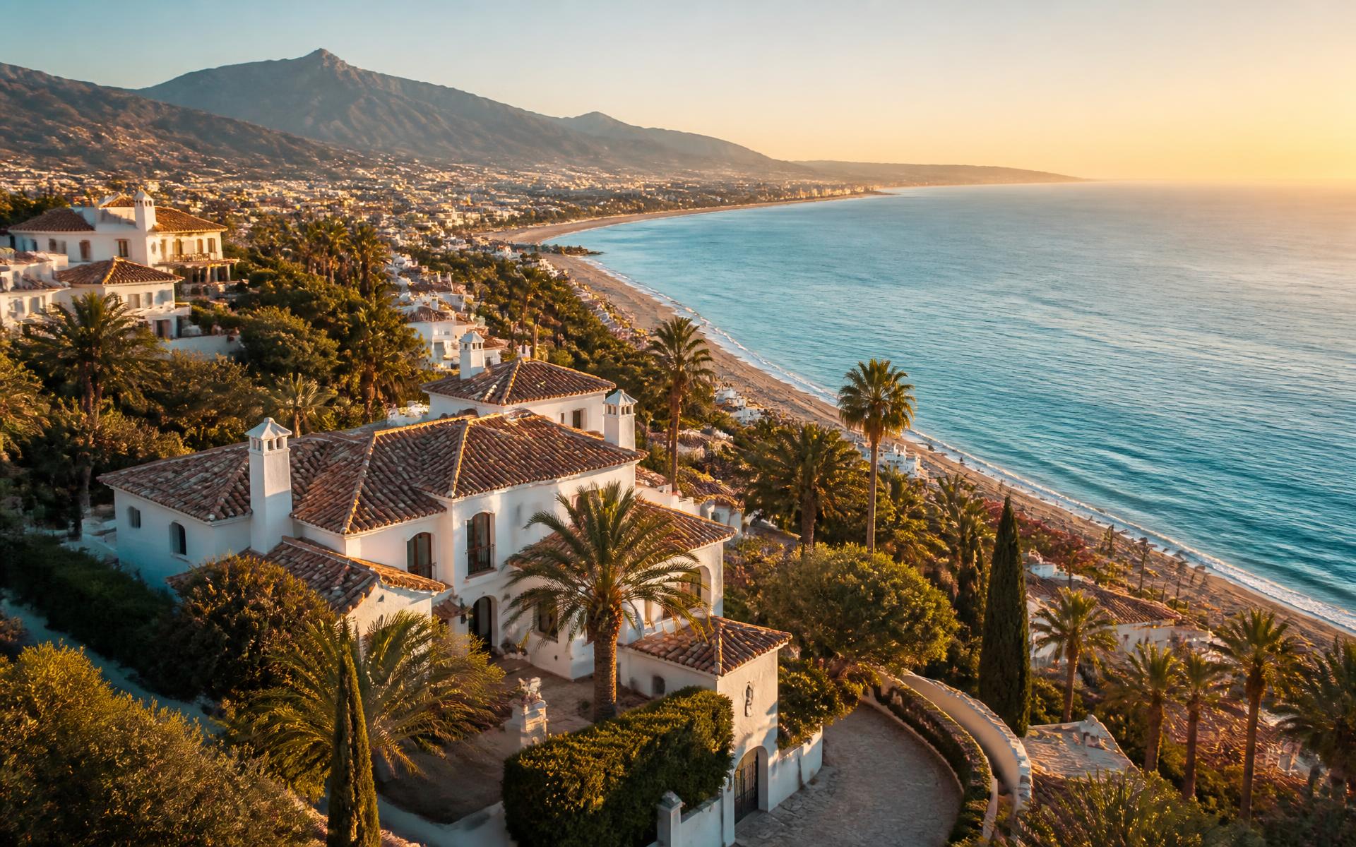 Whitewashed Costa del Sol villas above the Mediterranean at golden hour